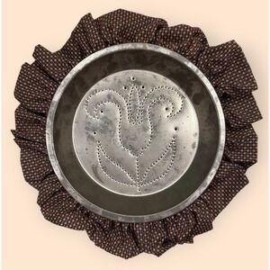Primitive Punched Tin Pie Plate Wall Hanging Ruffled Floral Cottagecore Grandma